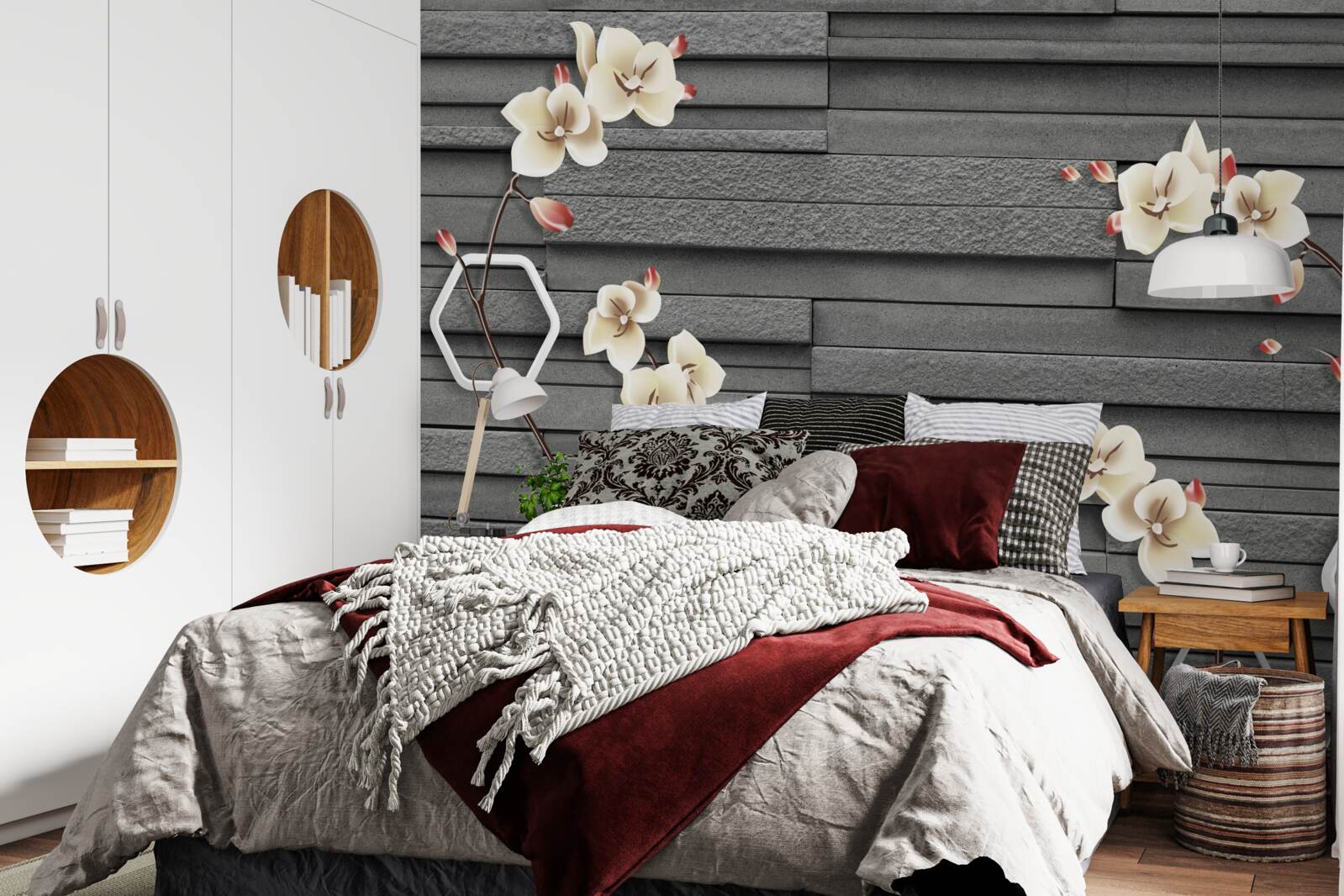 Фотошпалери стіна з чорного каменю, прикрашена білими квітами