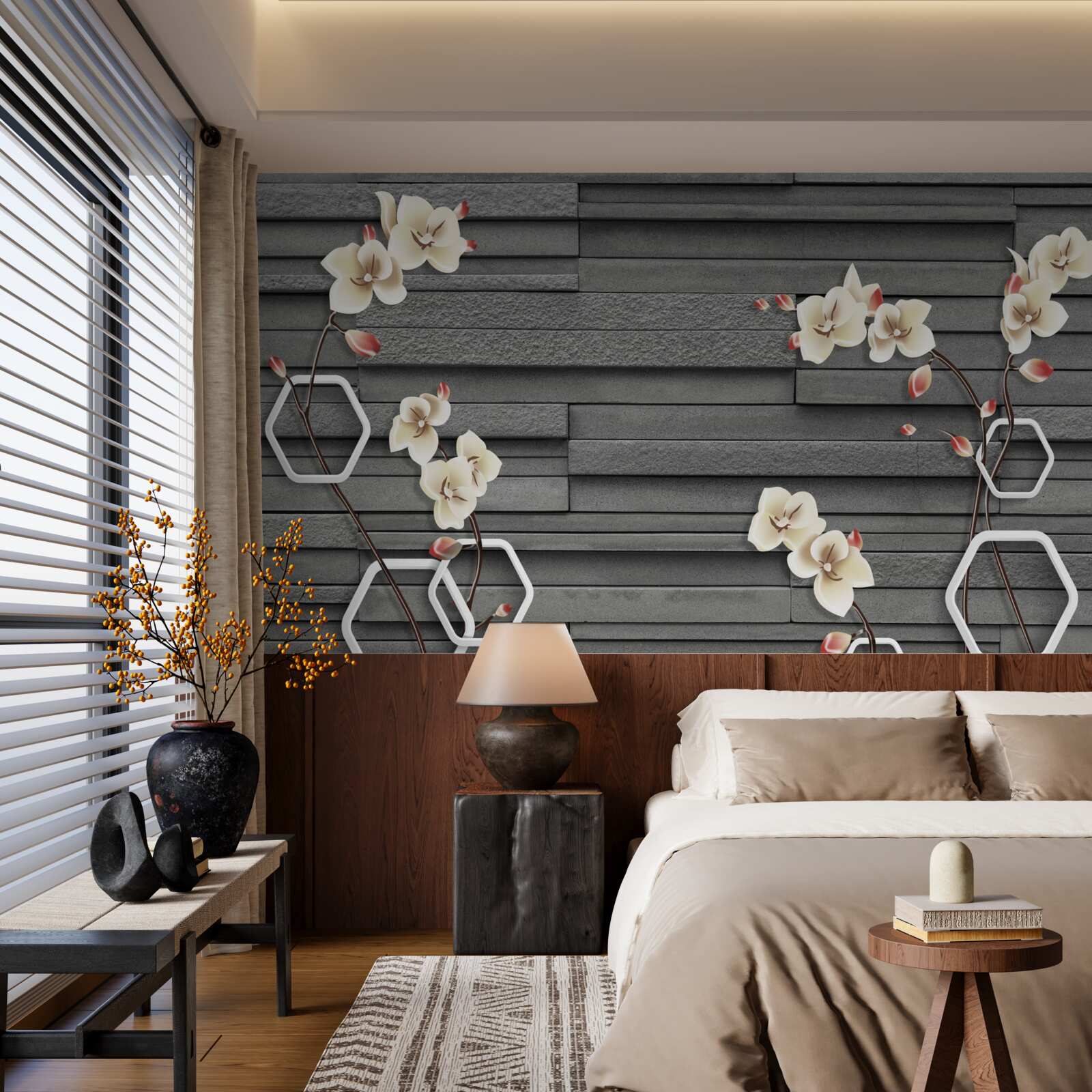 Фотошпалери стіна з чорного каменю, прикрашена білими квітами