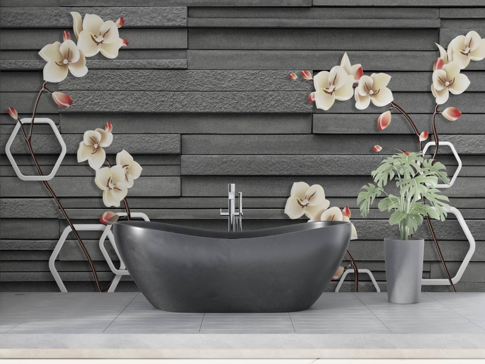 Фотошпалери стіна з чорного каменю, прикрашена білими квітами