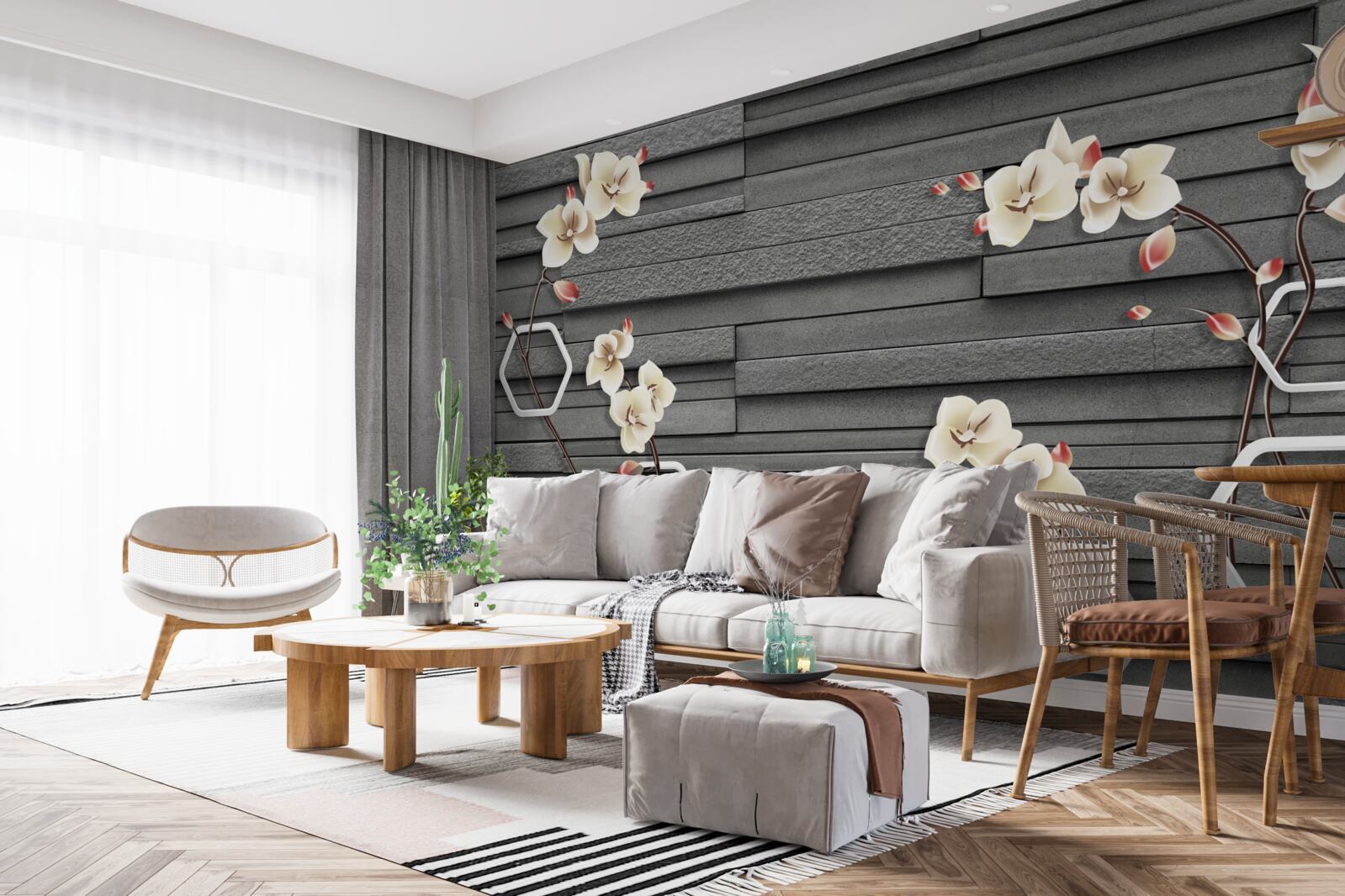 Фотошпалери стіна з чорного каменю, прикрашена білими квітами