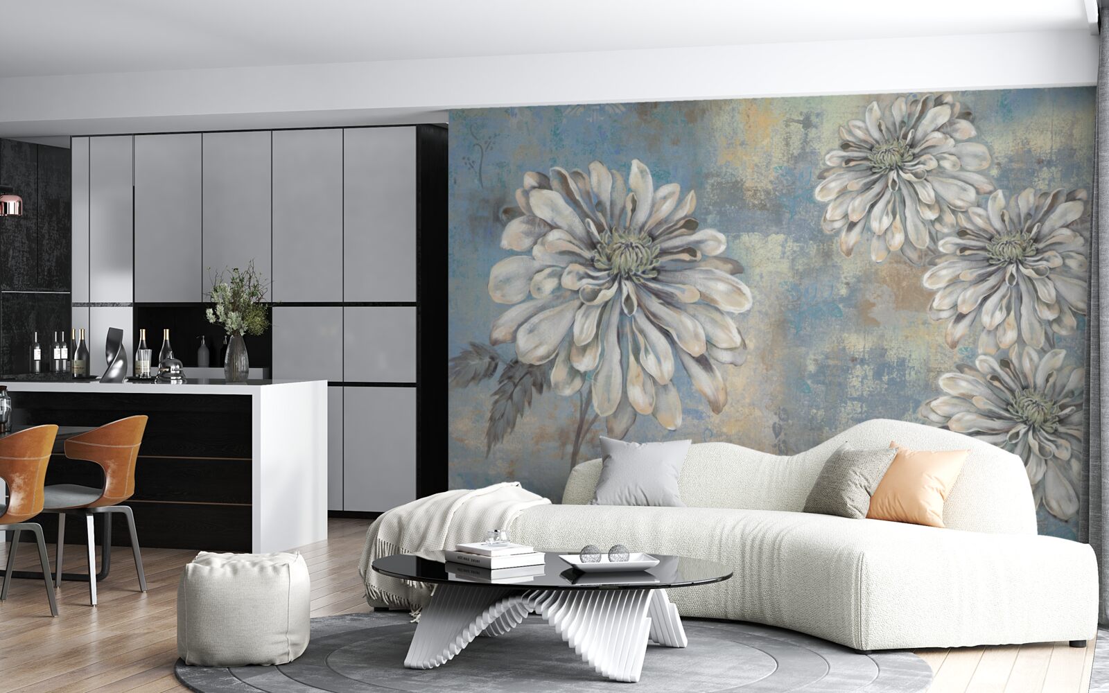 Фотошпалери білосніжні айстри розміром з дощ на задньому плані