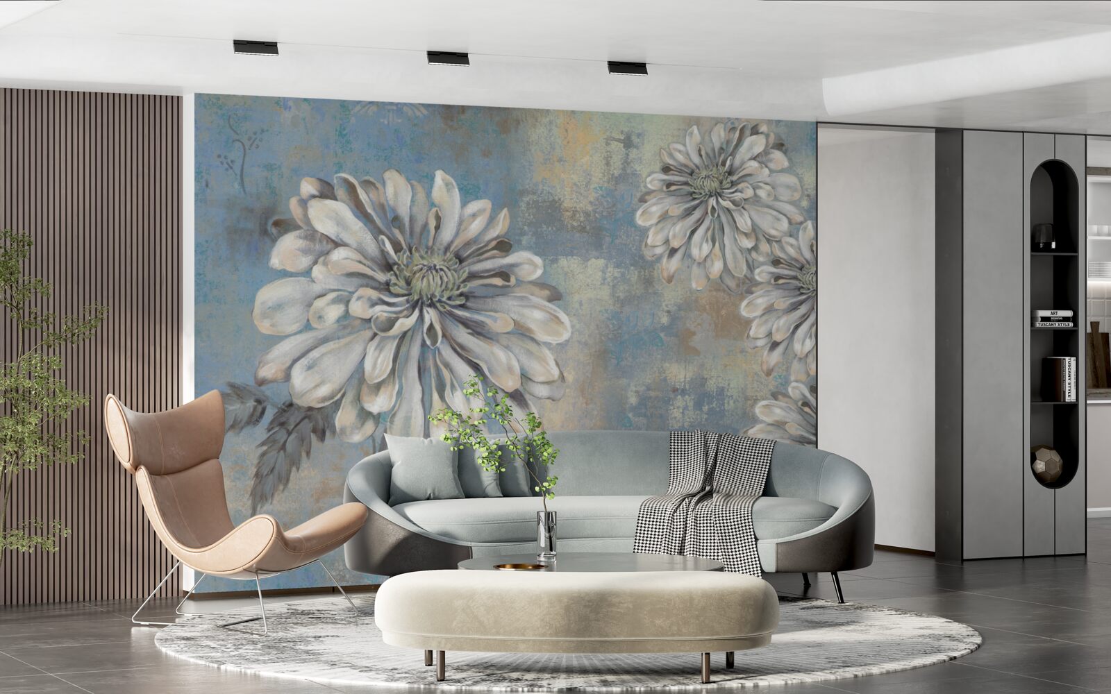 Фотошпалери білосніжні айстри розміром з дощ на задньому плані