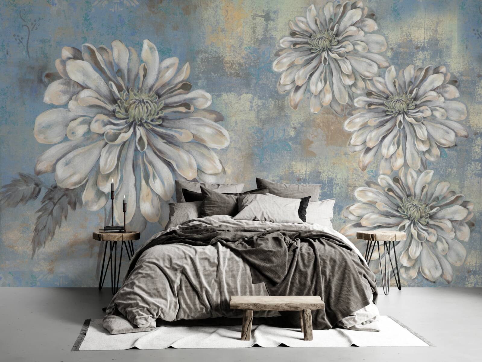 Фотошпалери білосніжні айстри розміром з дощ на задньому плані