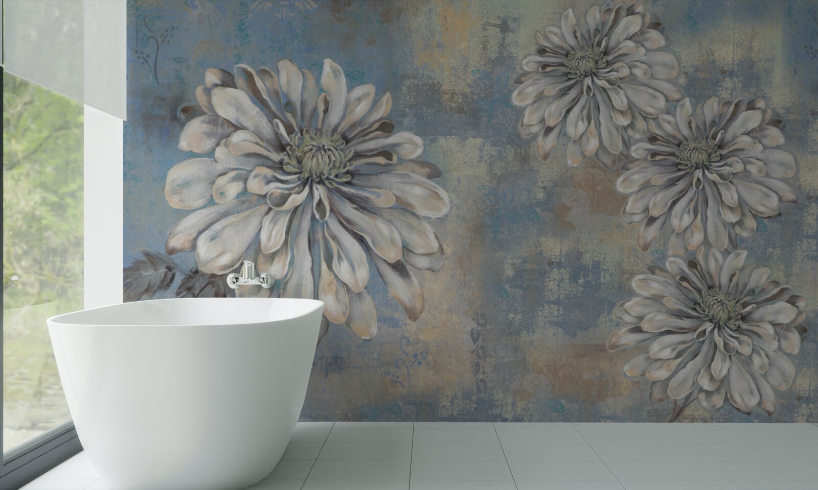 Фотошпалери білосніжні айстри розміром з дощ на задньому плані