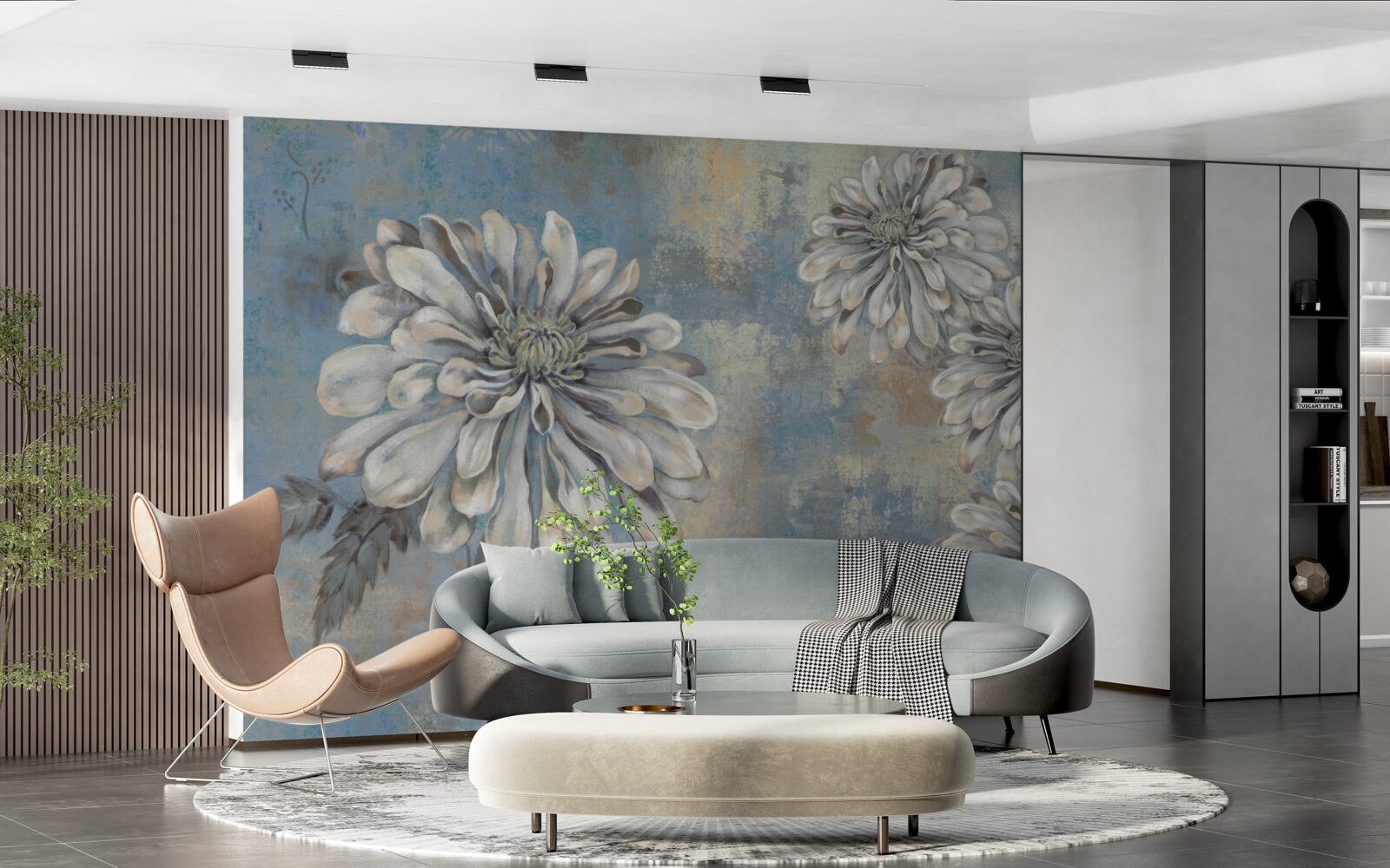 Фотошпалери білосніжні айстри розміром з дощ на задньому плані