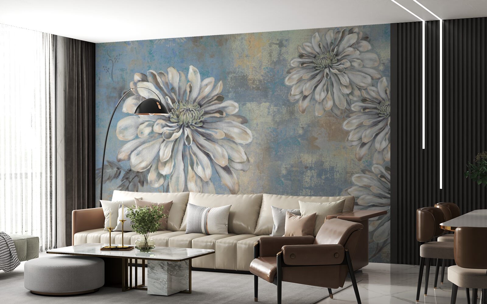 Фотошпалери білосніжні айстри розміром з дощ на задньому плані