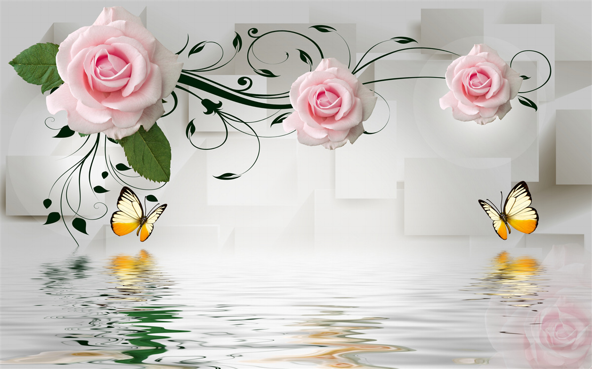 Фотошпалери метелики над водою біля гілки троянди з ніжним рожевим відтінком