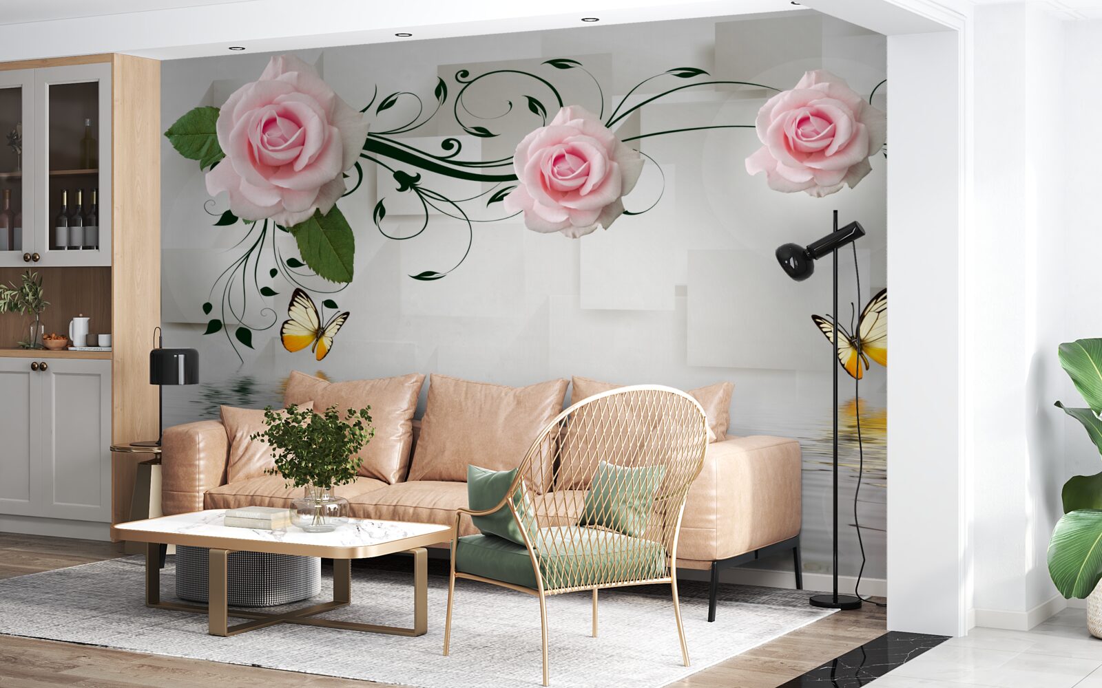 Фотошпалери метелики над водою біля гілки троянди з ніжним рожевим відтінком