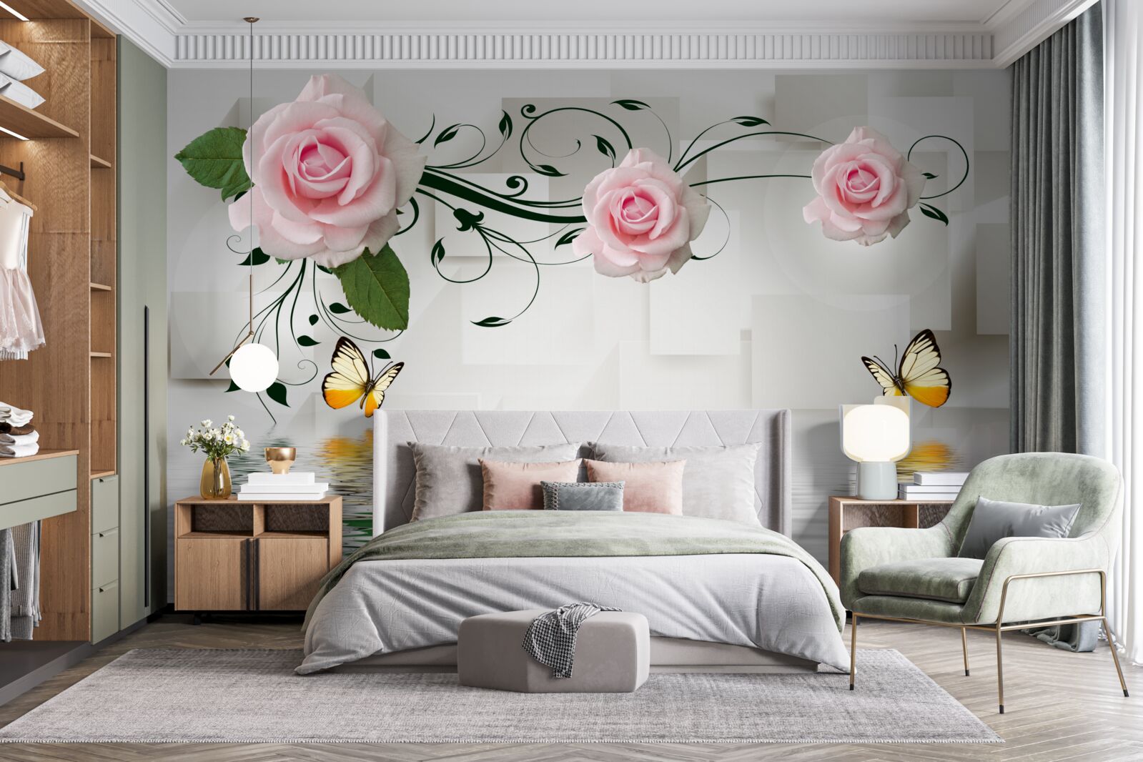 Фотошпалери метелики над водою біля гілки троянди з ніжним рожевим відтінком