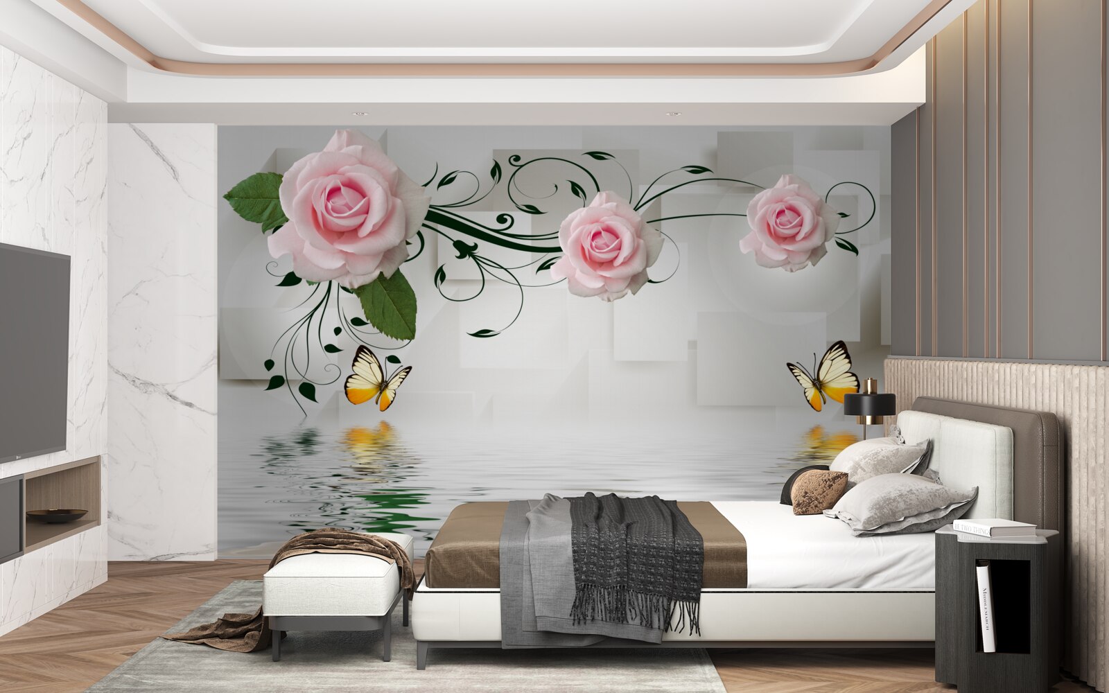 Фотошпалери метелики над водою біля гілки троянди з ніжним рожевим відтінком