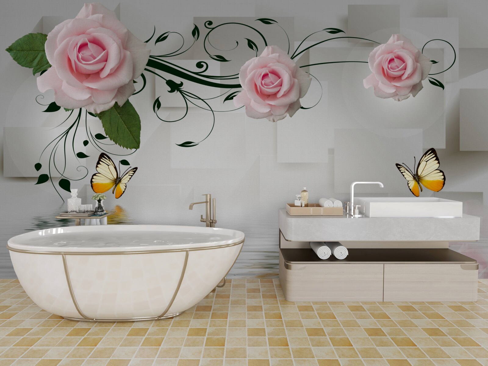 Фотошпалери метелики над водою біля гілки троянди з ніжним рожевим відтінком