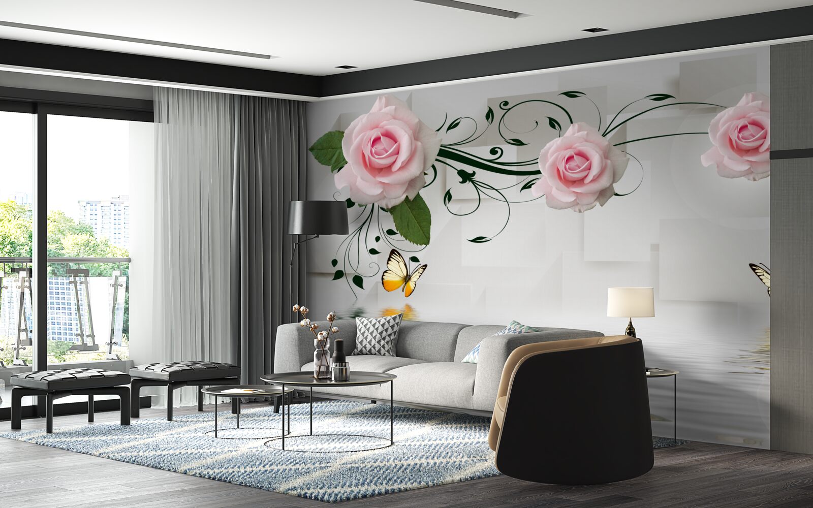 Фотошпалери метелики над водою біля гілки троянди з ніжним рожевим відтінком