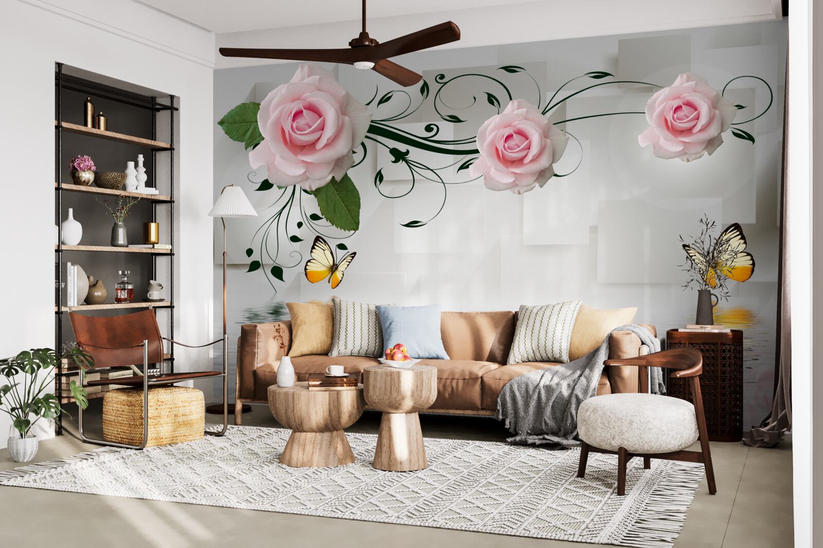 Фотошпалери метелики над водою біля гілки троянди з ніжним рожевим відтінком