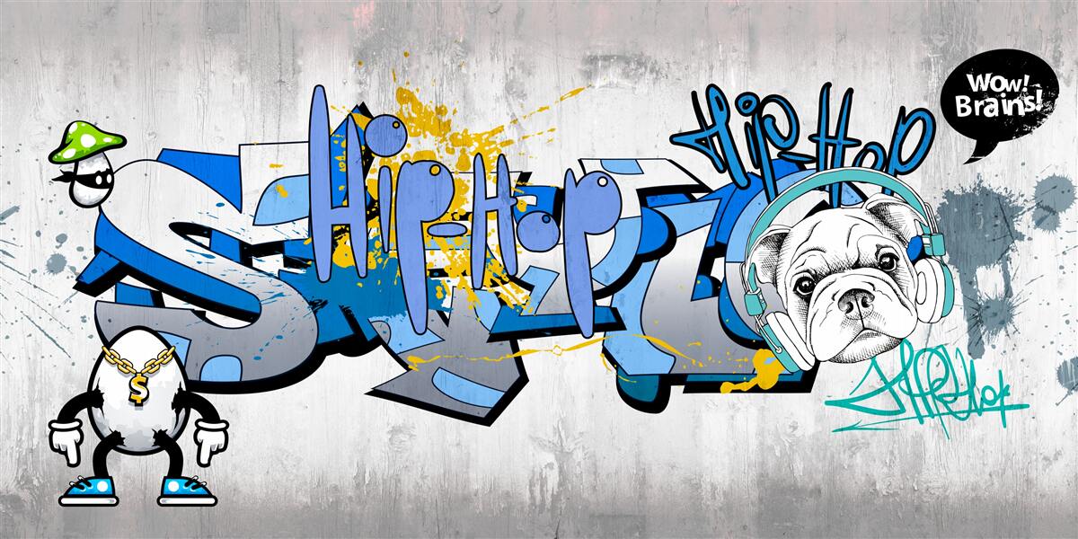 Фотошпалери графіті на стіні із зображенням собаки в навушниках