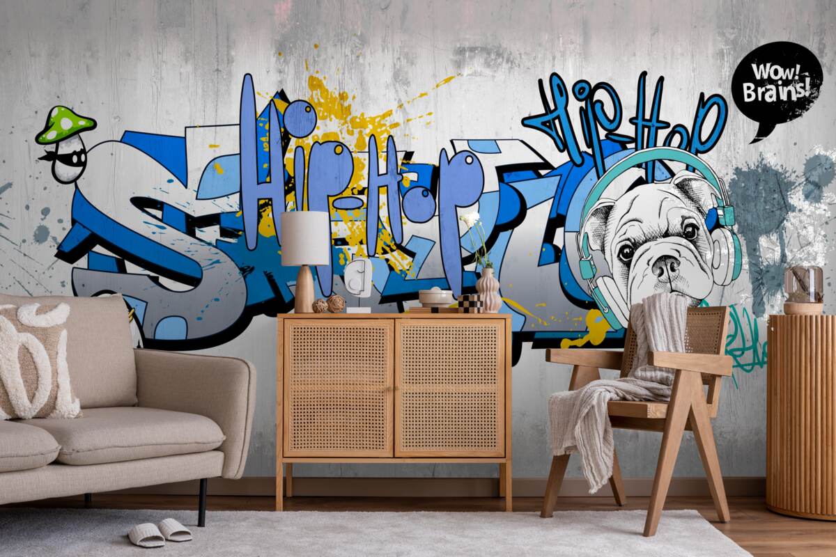 Фотошпалери графіті на стіні із зображенням собаки в навушниках