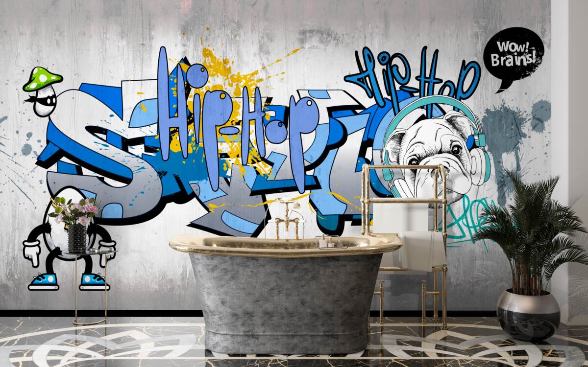 Фотошпалери графіті на стіні із зображенням собаки в навушниках