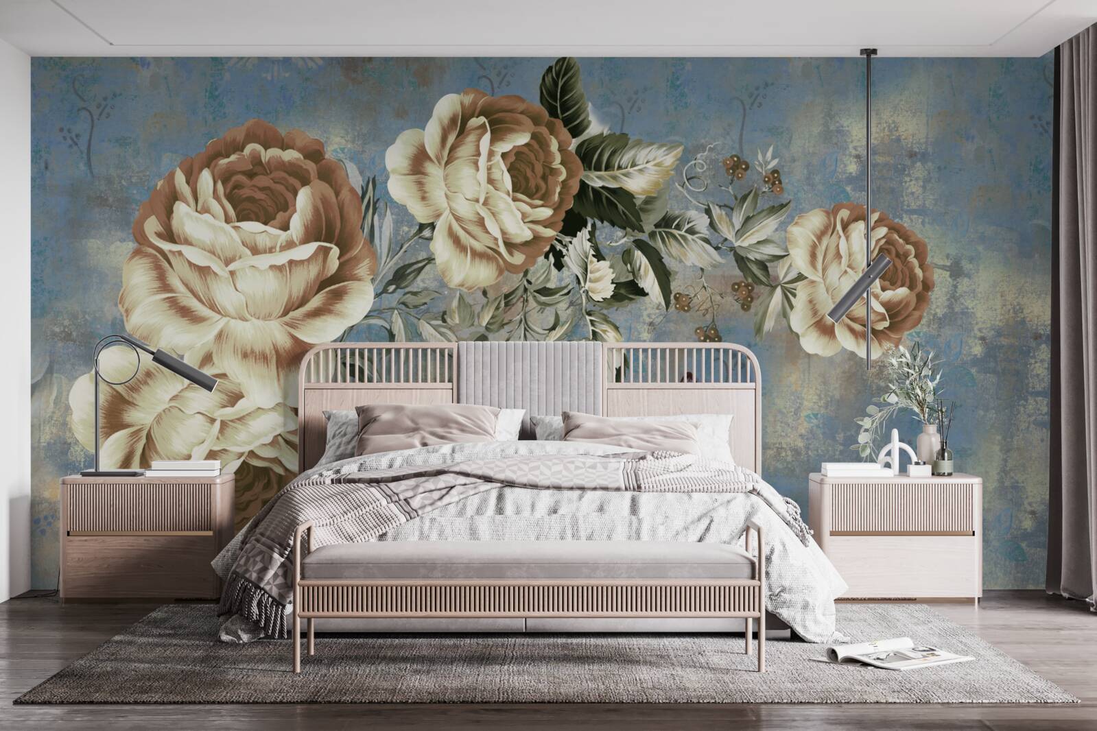 Фотошпалери гілка з ніжними кремовими квітами спокійно схилилася над водою