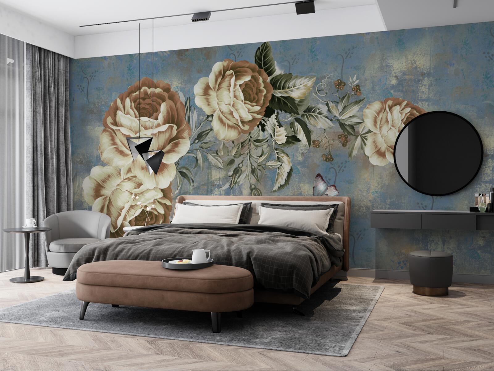 Фотошпалери гілка з ніжними кремовими квітами спокійно схилилася над водою