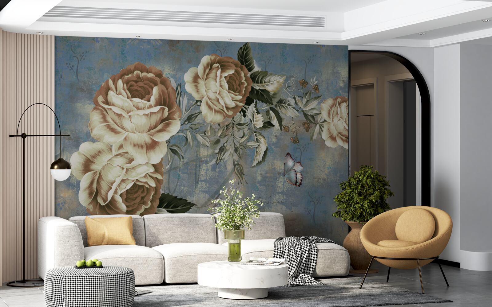 Фотошпалери гілка з ніжними кремовими квітами спокійно схилилася над водою