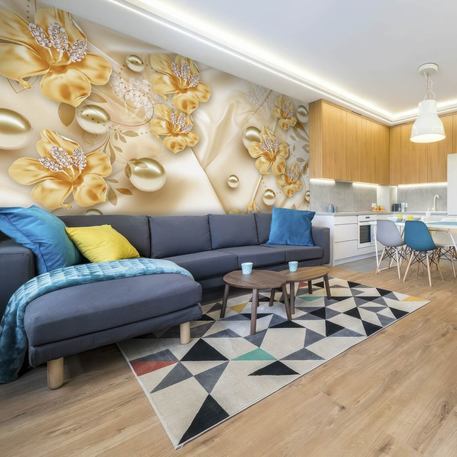 Фотошпалери шовкова тканина прикрашена золотими та перловими квітами