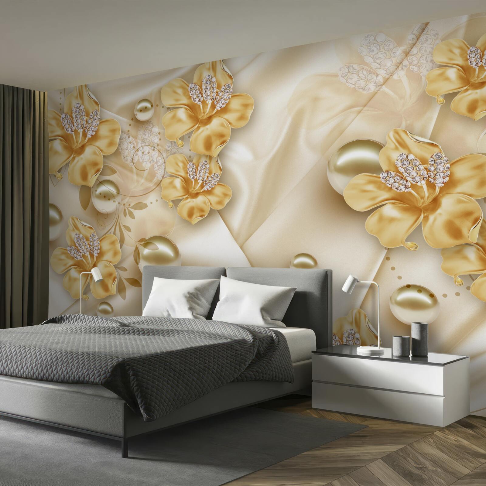 Фотошпалери шовкова тканина прикрашена золотими та перловими квітами