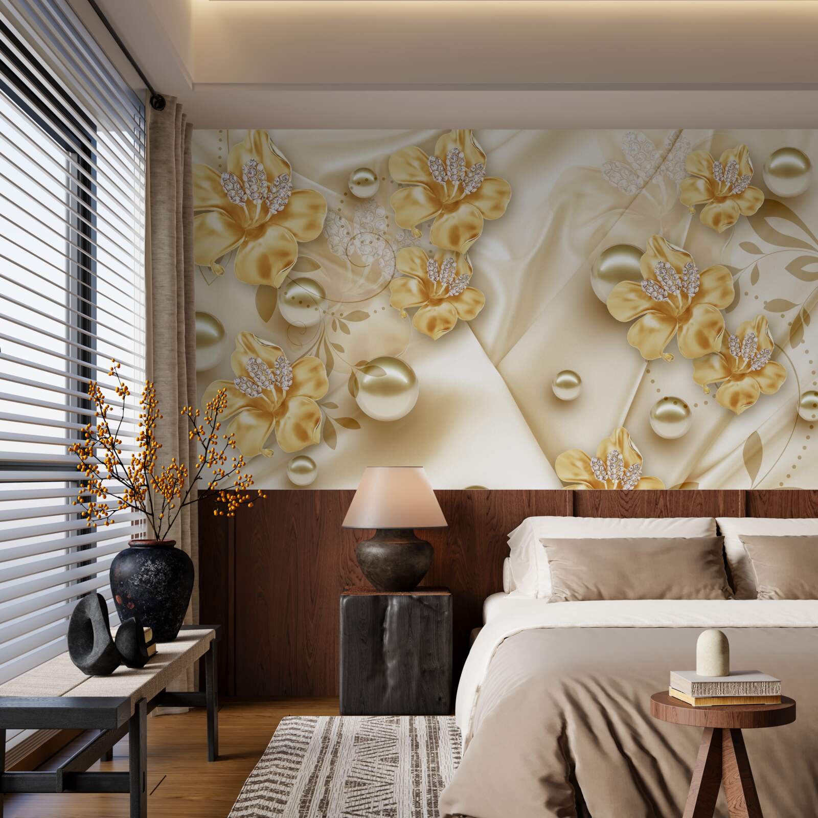 Фотошпалери шовкова тканина прикрашена золотими та перловими квітами