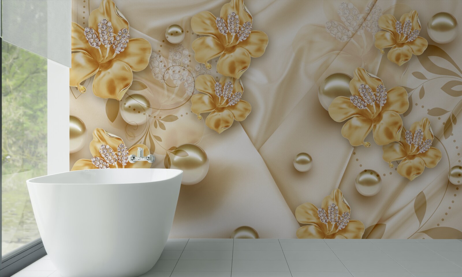 Фотошпалери шовкова тканина прикрашена золотими та перловими квітами