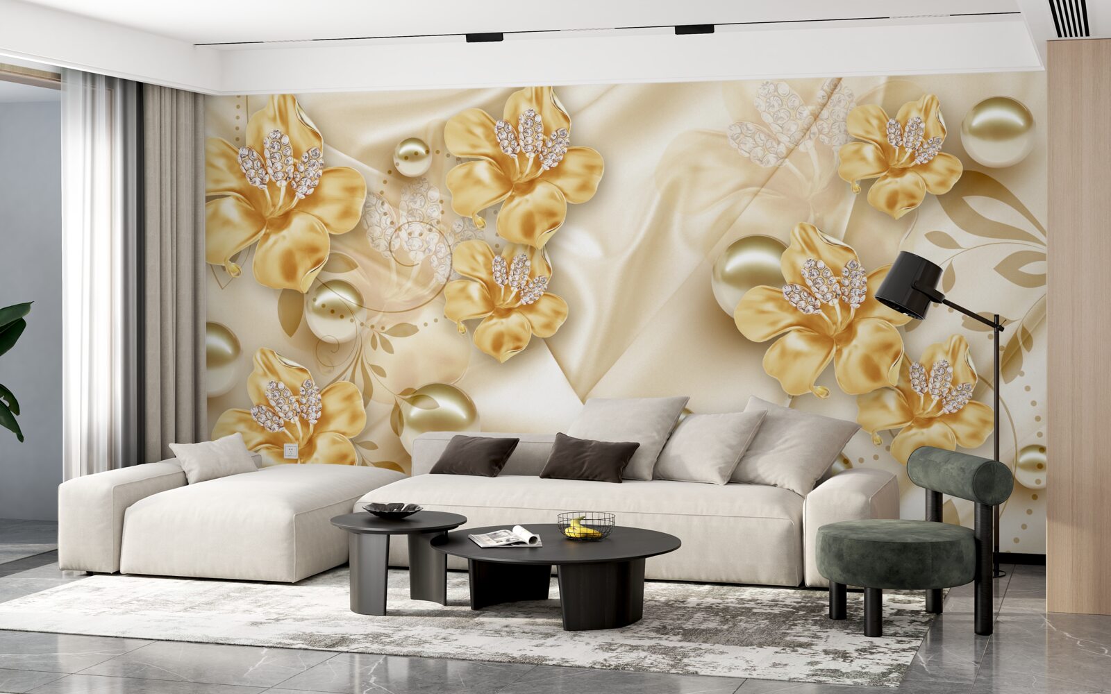 Фотошпалери шовкова тканина прикрашена золотими та перловими квітами