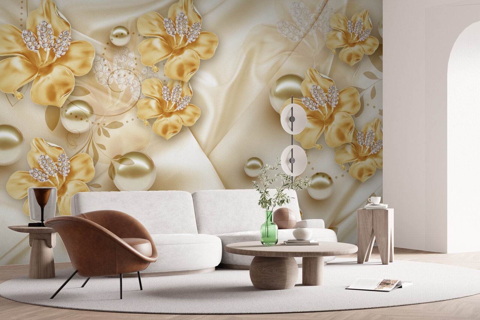 Фотошпалери шовкова тканина прикрашена золотими та перловими квітами