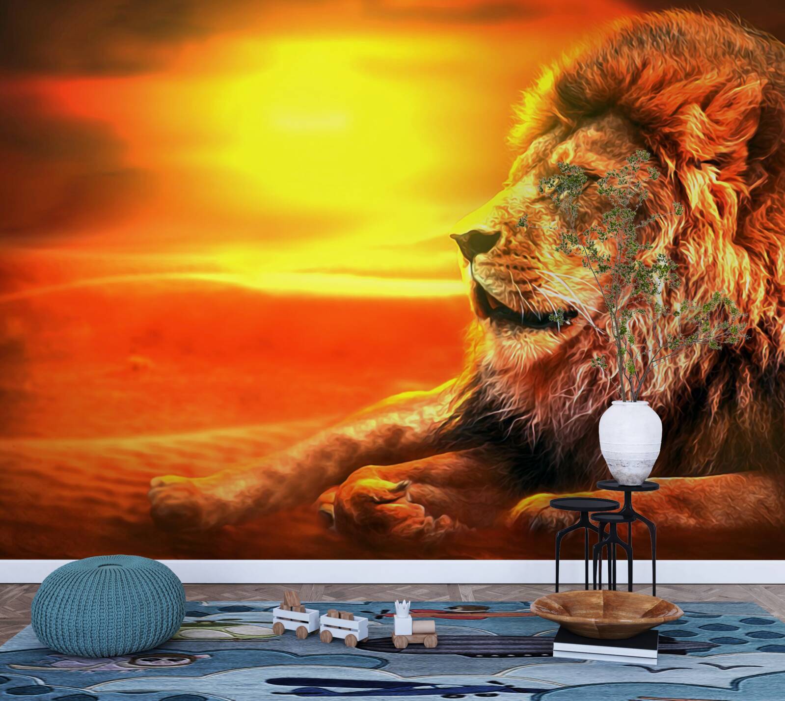 Фотошпалери зрілий тигр супроводжує згасання сонця