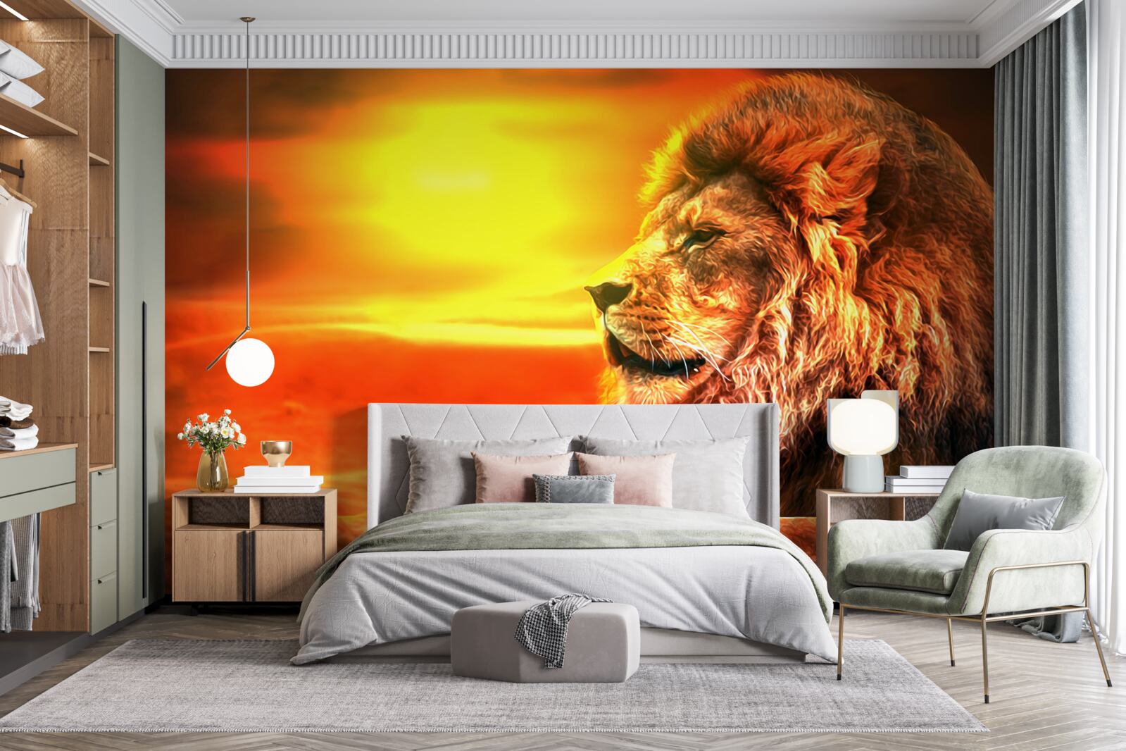 Фотошпалери зрілий тигр супроводжує згасання сонця