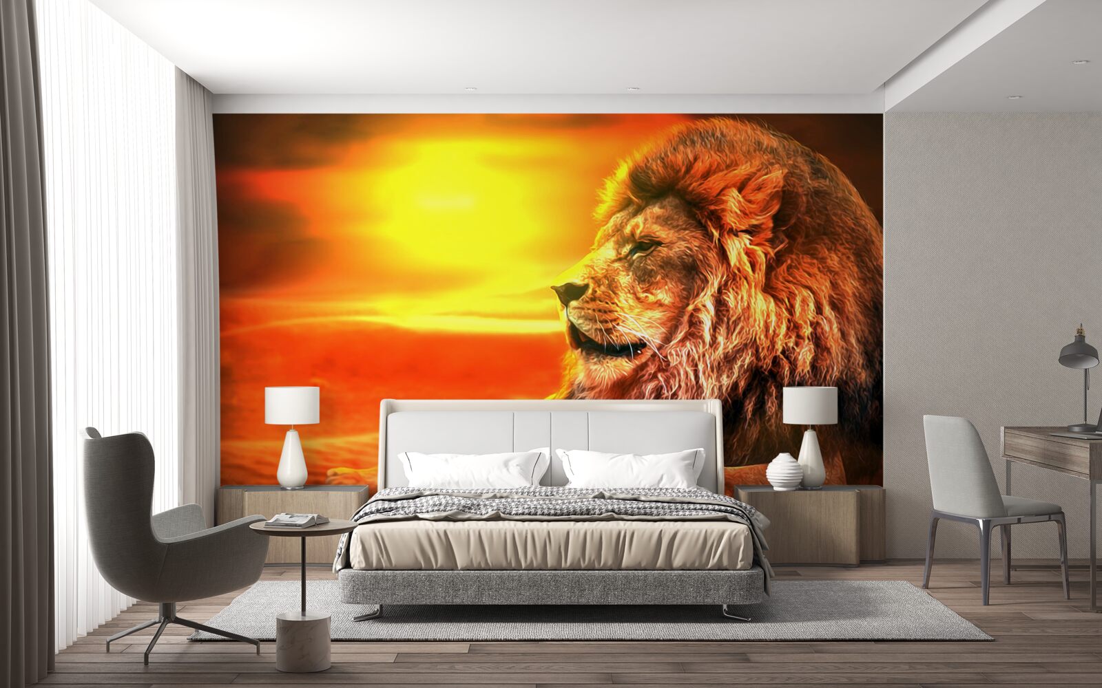 Фотошпалери зрілий тигр супроводжує згасання сонця