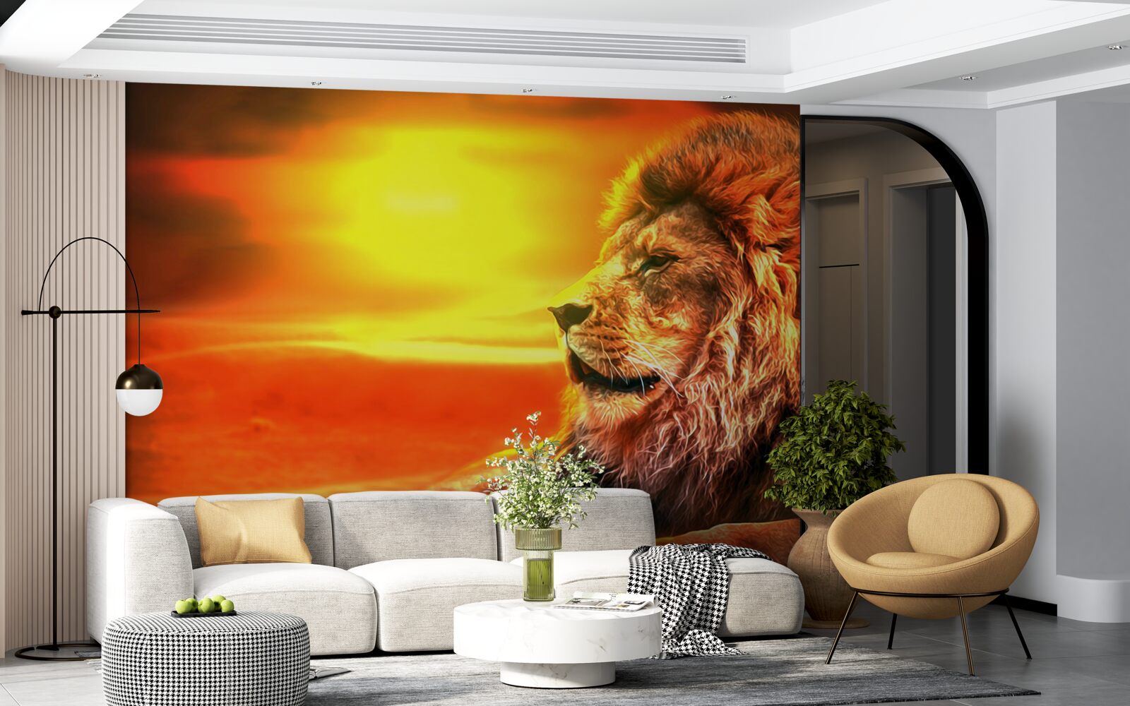 Фотошпалери зрілий тигр супроводжує згасання сонця