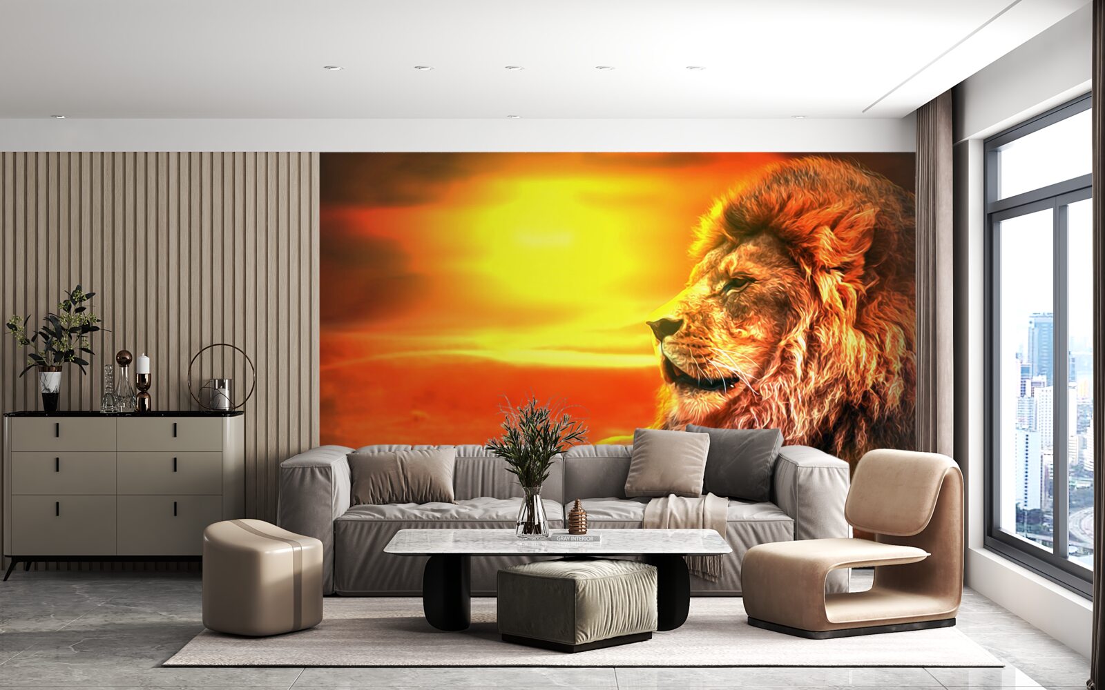 Фотошпалери зрілий тигр супроводжує згасання сонця