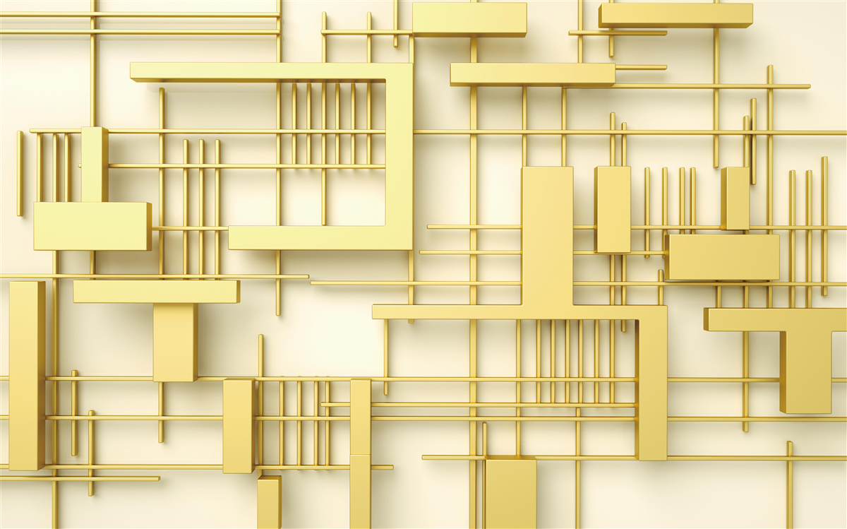 Фотошпалери геометричні фігури із золота, розміщені на золотій сітці