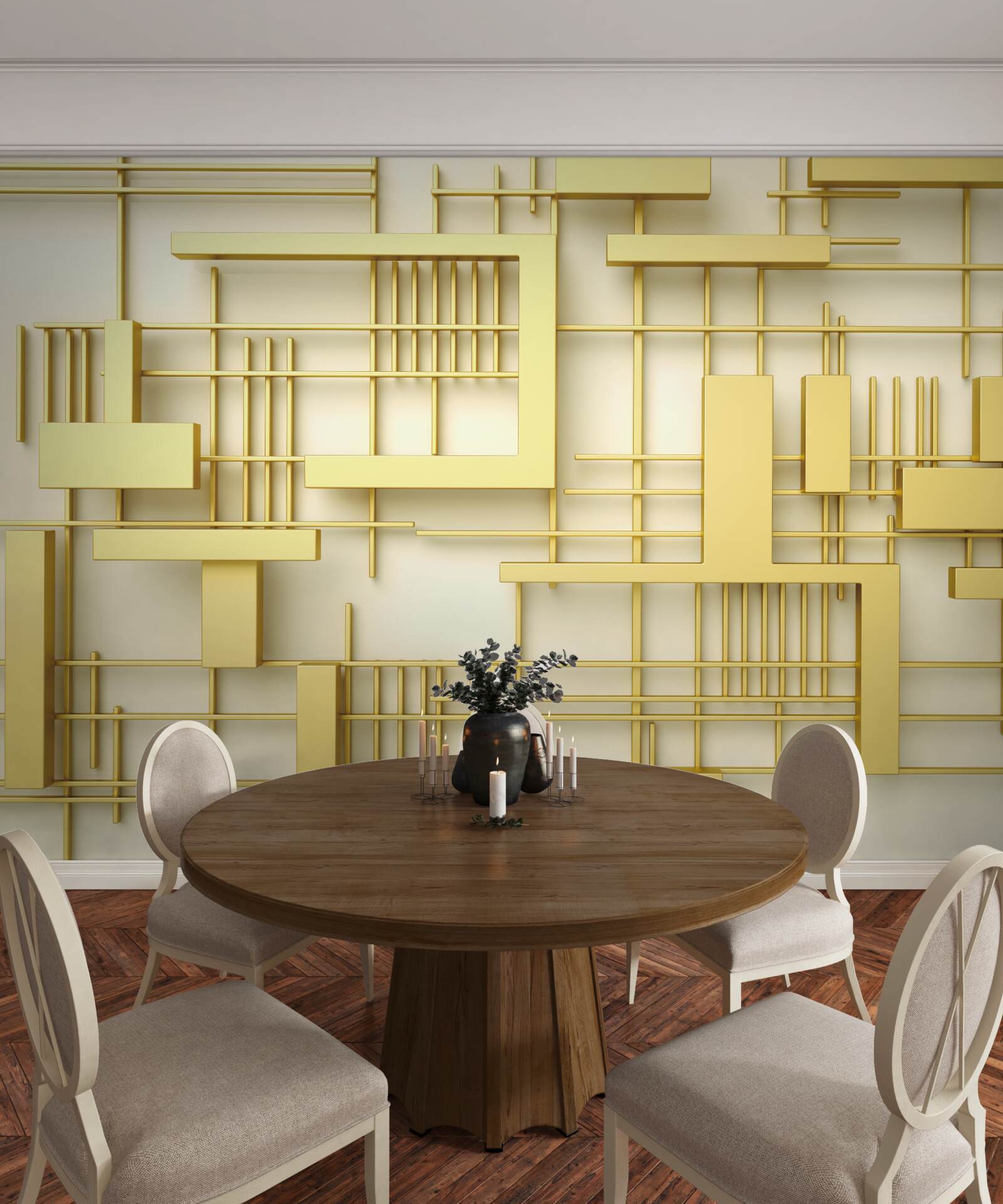 Фотошпалери геометричні фігури із золота, розміщені на золотій сітці