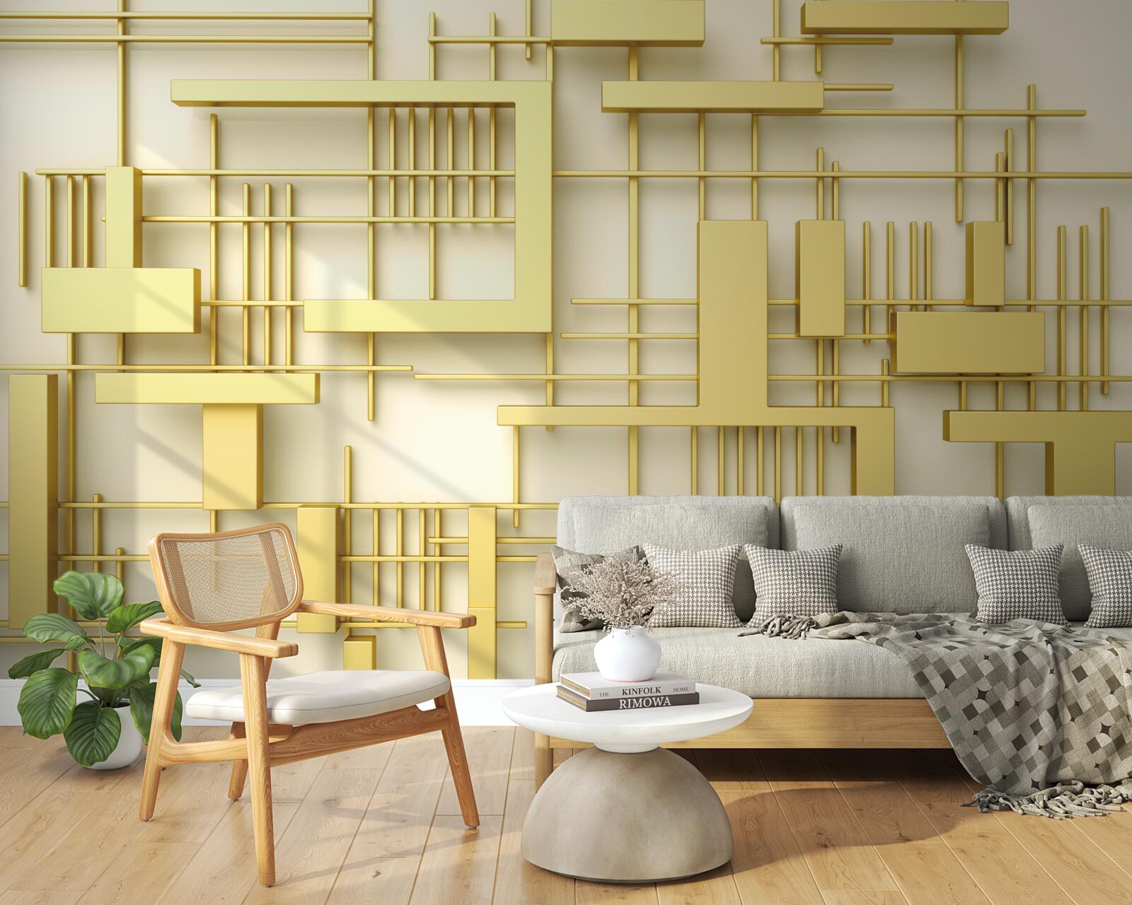 Фотошпалери геометричні фігури із золота, розміщені на золотій сітці