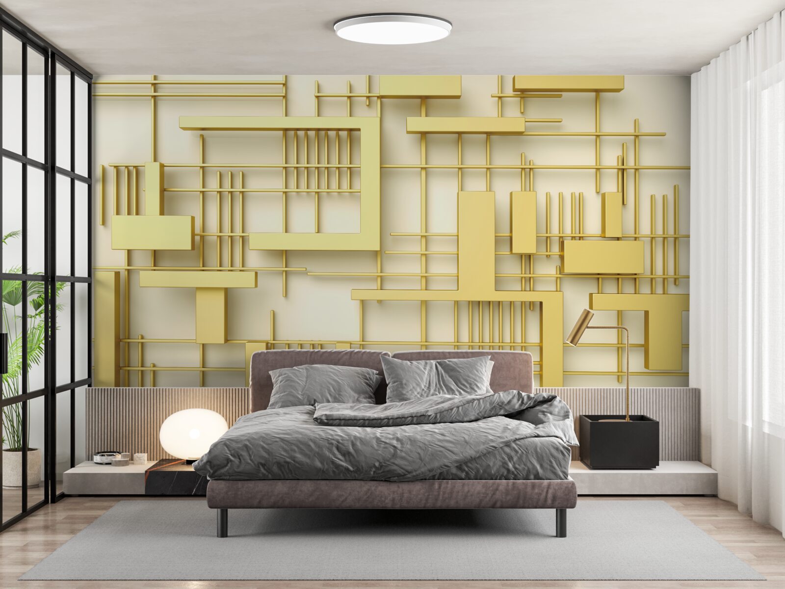 Фотошпалери геометричні фігури із золота, розміщені на золотій сітці