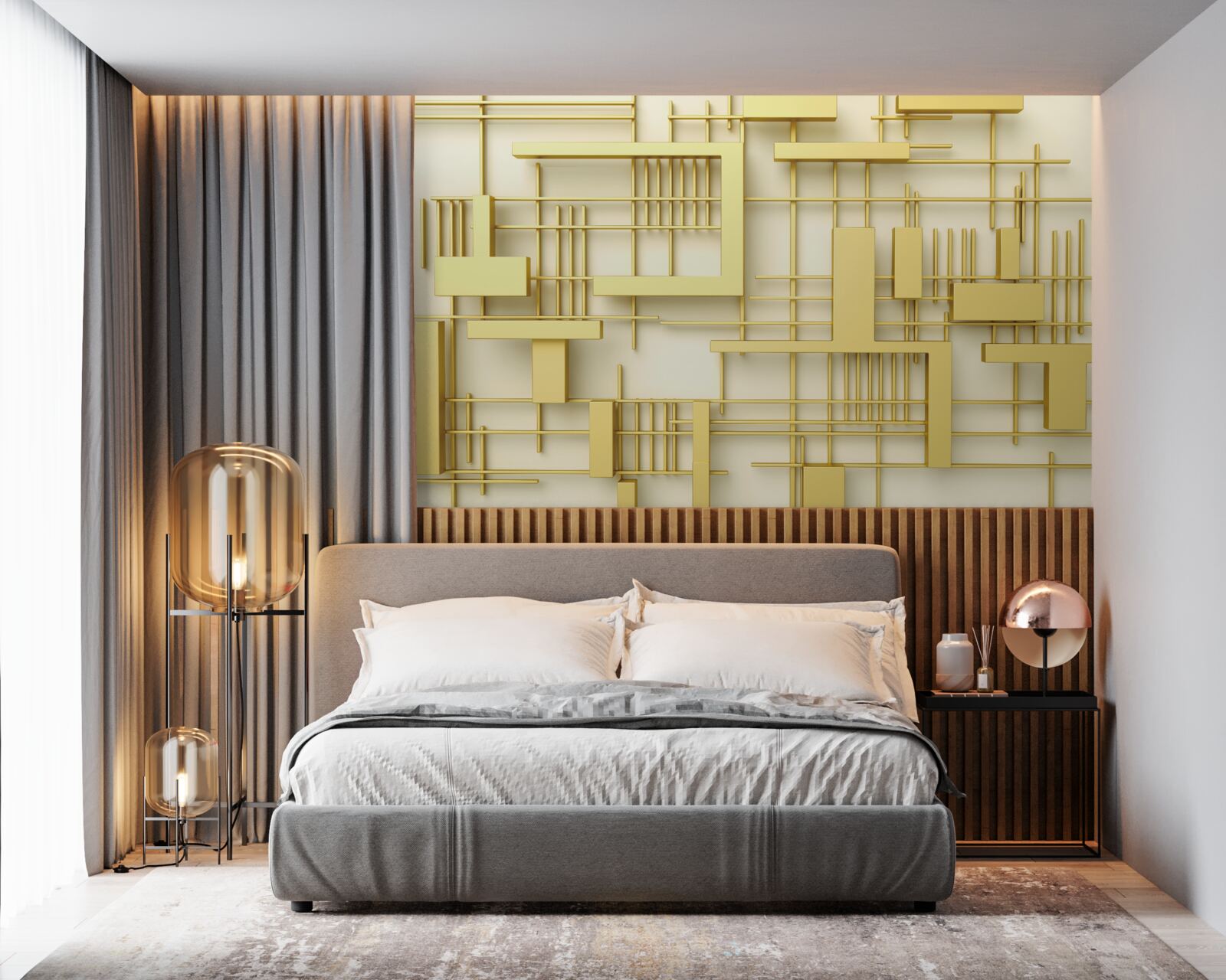 Фотошпалери геометричні фігури із золота, розміщені на золотій сітці