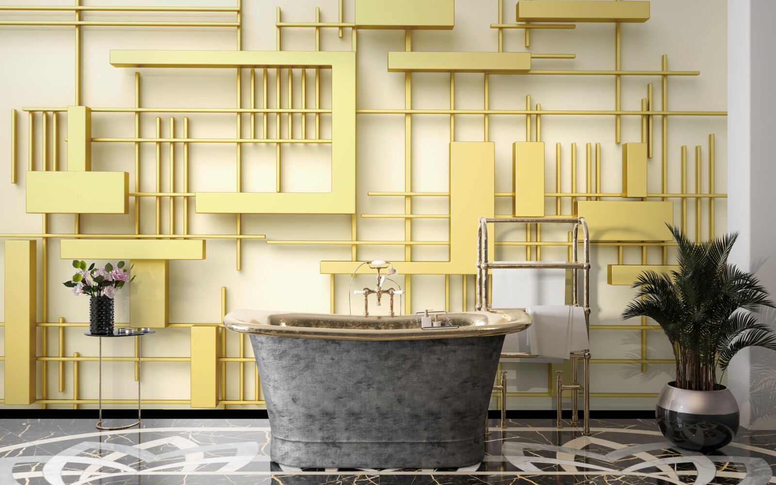 Фотошпалери геометричні фігури із золота, розміщені на золотій сітці