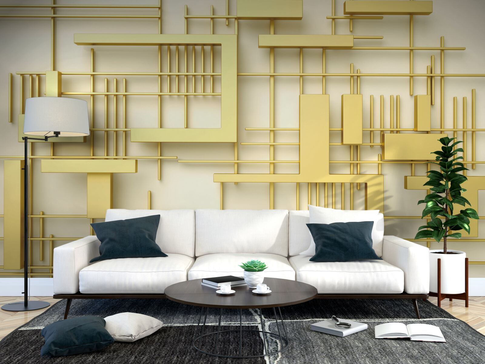 Фотошпалери геометричні фігури із золота, розміщені на золотій сітці