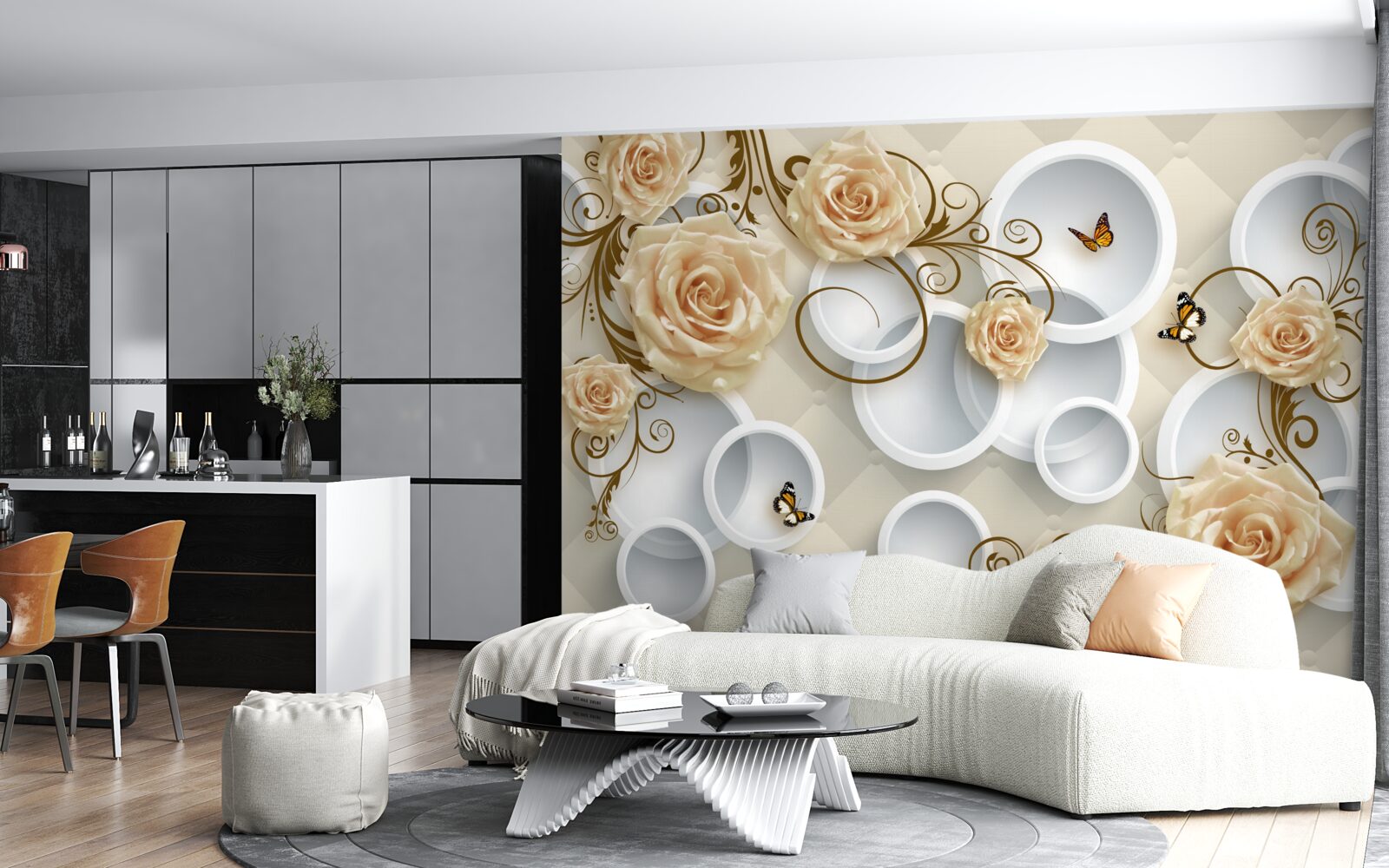 Фотошпалери гілки з коричневими трояндами на абстрактному тлі