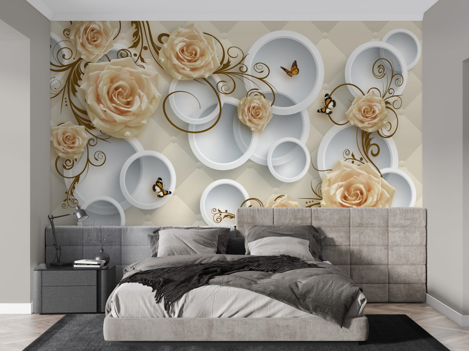 Фотошпалери гілки з коричневими трояндами на абстрактному тлі