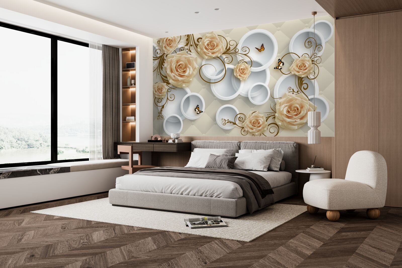 Фотошпалери гілки з коричневими трояндами на абстрактному тлі