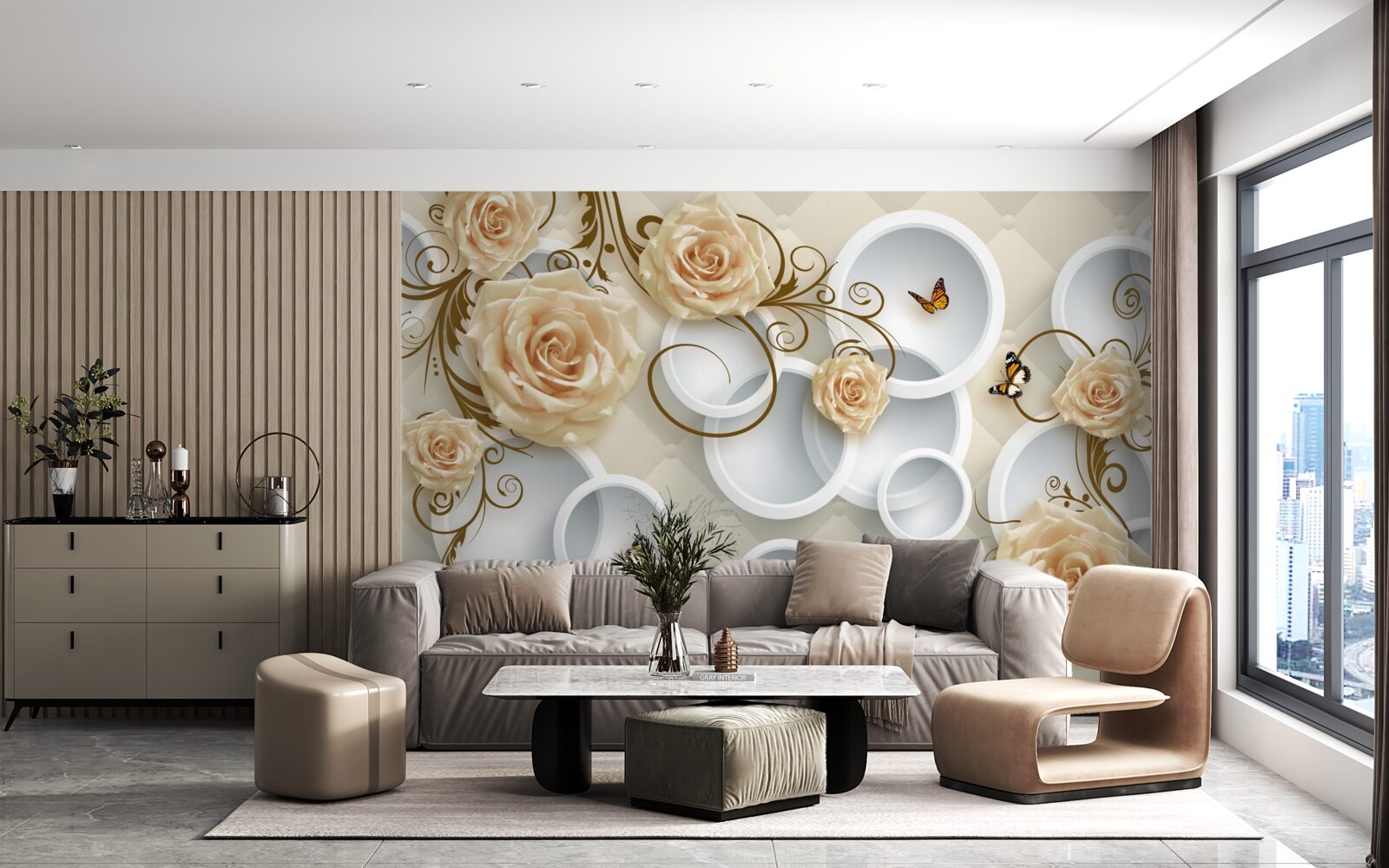 Фотошпалери гілки з коричневими трояндами на абстрактному тлі