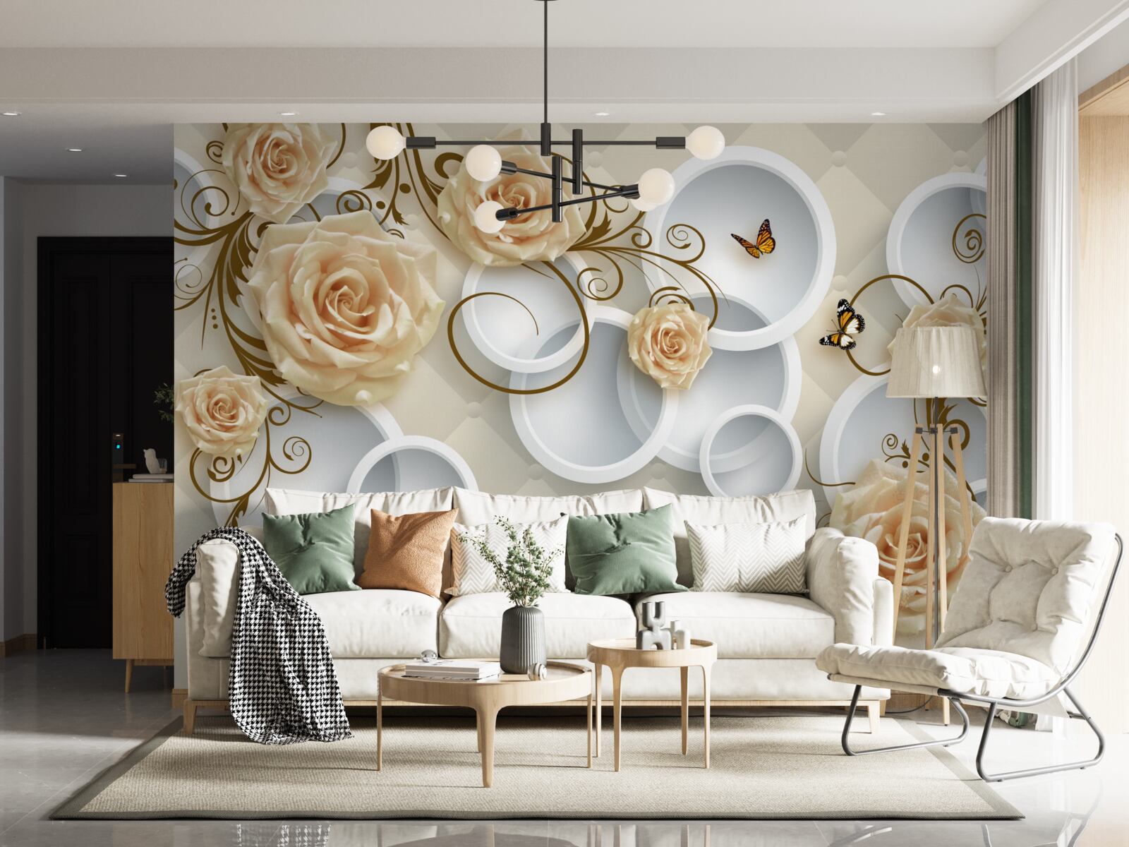 Фотошпалери гілки з коричневими трояндами на абстрактному тлі