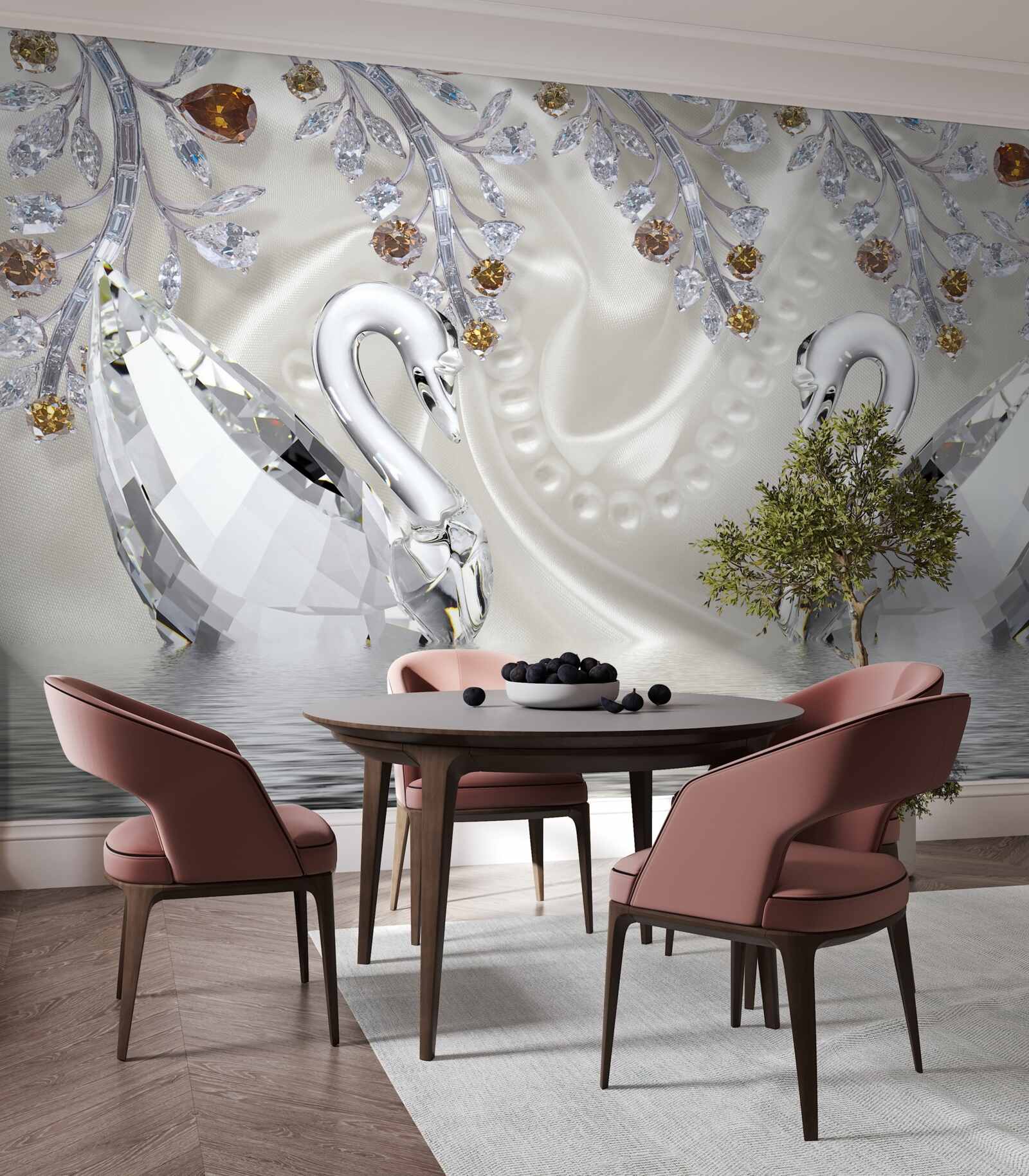 Фотошпалери по ставку плавають білосніжні лебеді, а гілки квітів мають золотистий відтінок