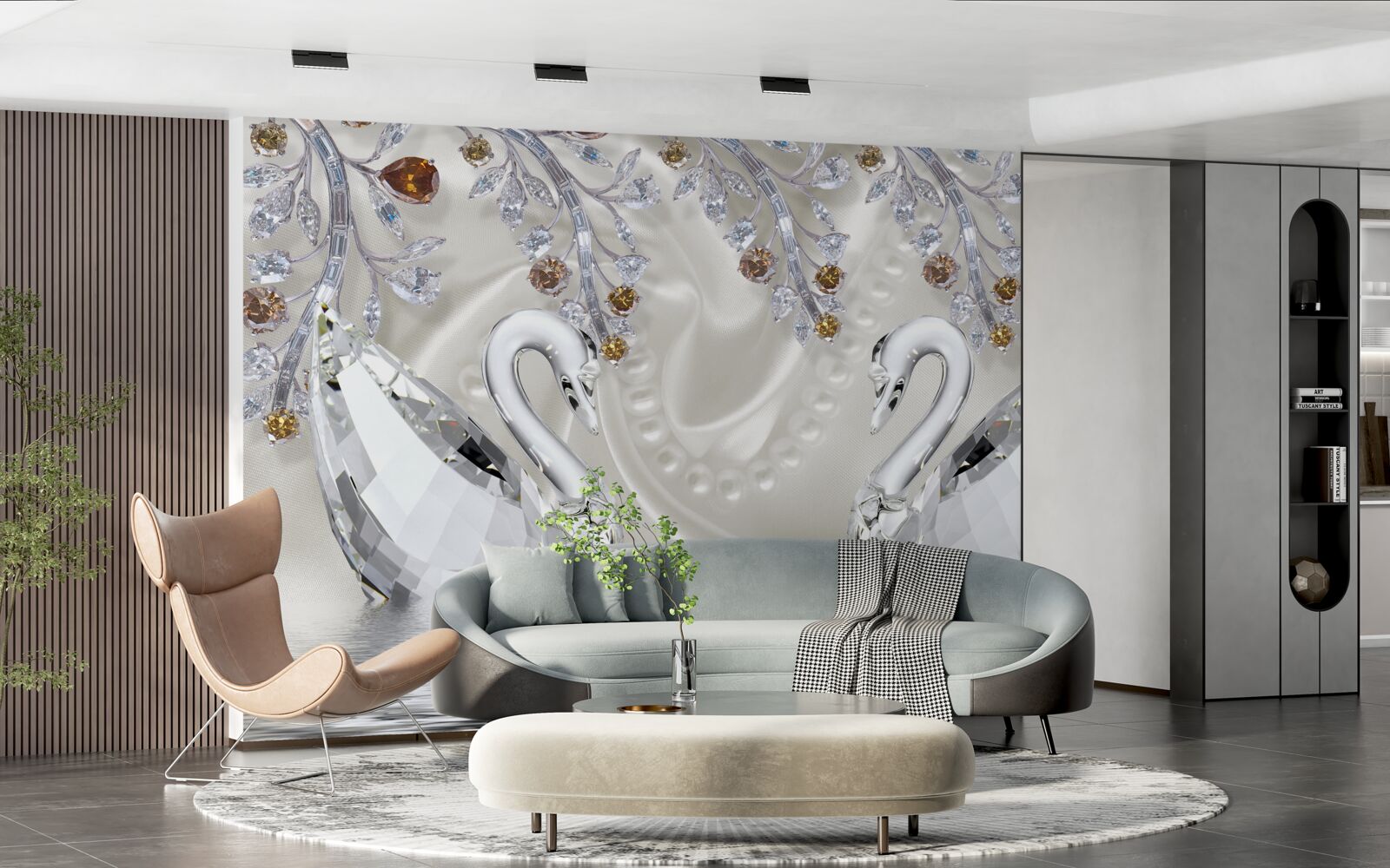 Фотошпалери по ставку плавають білосніжні лебеді, а гілки квітів мають золотистий відтінок