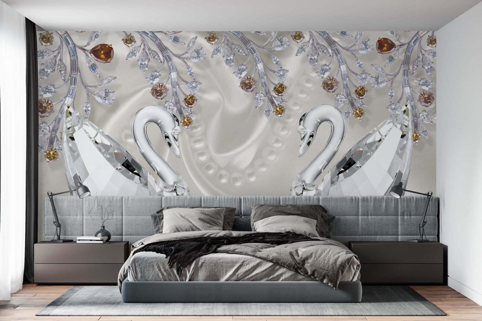 Фотошпалери по ставку плавають білосніжні лебеді, а гілки квітів мають золотистий відтінок