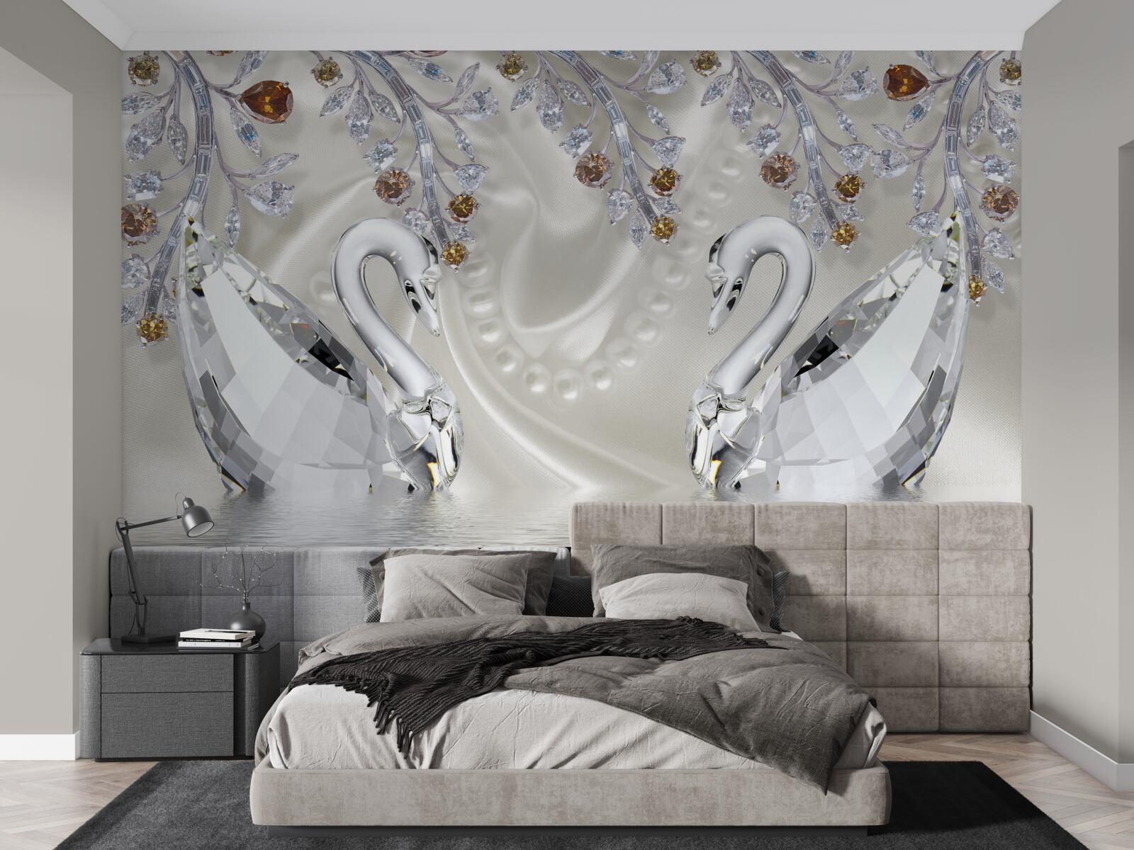 Фотошпалери по ставку плавають білосніжні лебеді, а гілки квітів мають золотистий відтінок